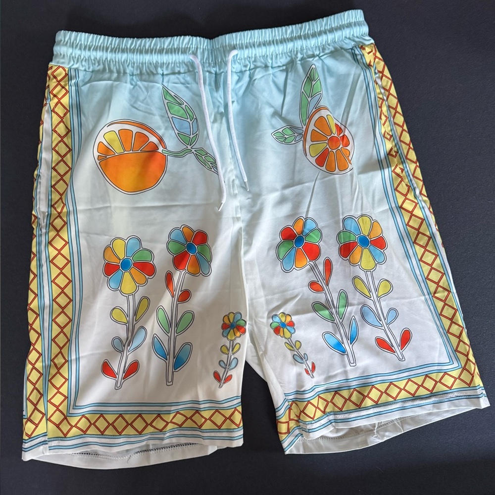 Men's Floral Graphic Silk Shorts - Light Blue